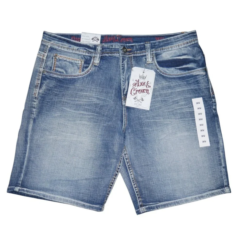 Axe and Crown Embroidered Jean Shorts Men's Size 36 Y2K Thick Stitch Jorts NWT